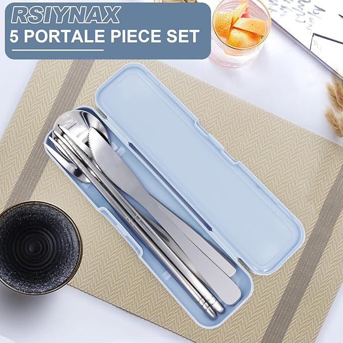 5 Piece Rsiynax Portable Travel Utensils Set with Case, Premium 304 Stainless Steel Camping Utensils Set, Reusable Silverware for Camping, Lunch, Work, School, etc, Easy to Clean (Silver)