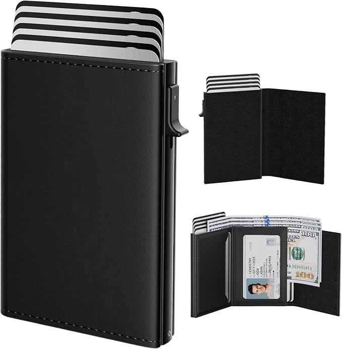 typecase Mens Wallet Card Holder: Pop Up Aluminum Case, Genuine Leather, Smart, RFID Blocking, Slim, Minimalist, Front Pocket - 9-14 Card Capacity | ID Window | Cash Slot (Deep Black)