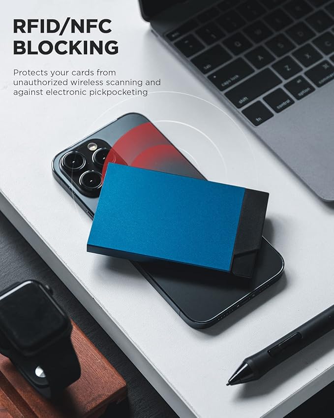 VULKIT Pop up Card Holder Minimalist Credit Card Holder RFID Blocking Slim Metal Card Case for Men or Women(Navy)