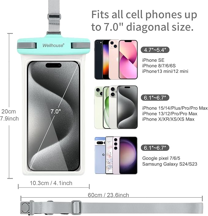 wellhouse Waterproof Phone Pouch, Waterproof Phone Case for iPhone 16 15 14 13 12 Pro Max XS Samsung, IPX8 3D Cellphone Dry Bag Beach Essentials (2 Pack - Black & Green7.0， 7 inch)