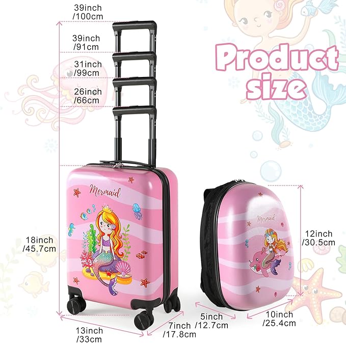 Weewooday Kids Luggage and Backpack 18" Suitcase with Spinner Wheel Hard Case Travel 13" Backpack Girl Suitcase Set for Kids Travel Supplies(Pink,Mermaid Style)