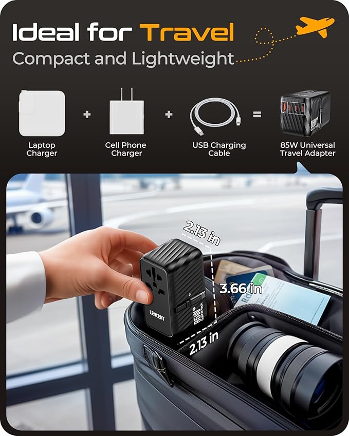 LENCENT 85W Universal Travel Adapter with Retractable USB C Cable, GaN International Plug Adapter with 3 Type C &1 USB A Ports Fast Charging, Worldwide Outlet Converter for US to European EU UK AUS