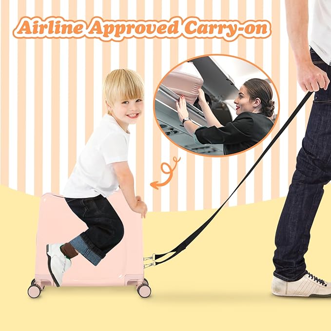 20" Ride-On Travel Suitcase for Kids, Cute Ear Toddler Carry on Luggage with Spinner Wheels & Anti-Lose Rope, Children Rolling Trolly Luggage with Password Lock (Pink with Rope)