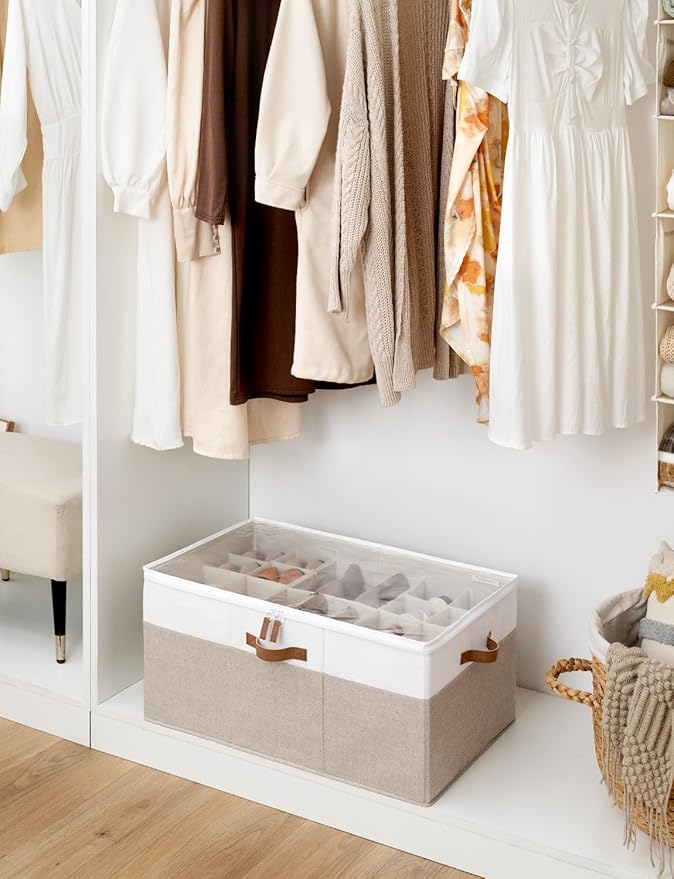 StorageWorks Shoe Organizer for Closet, Fits up to 24 Pairs, Shoe Cubby Storage Containers with Adjustable Dividers and Clear Cover, Brown & White