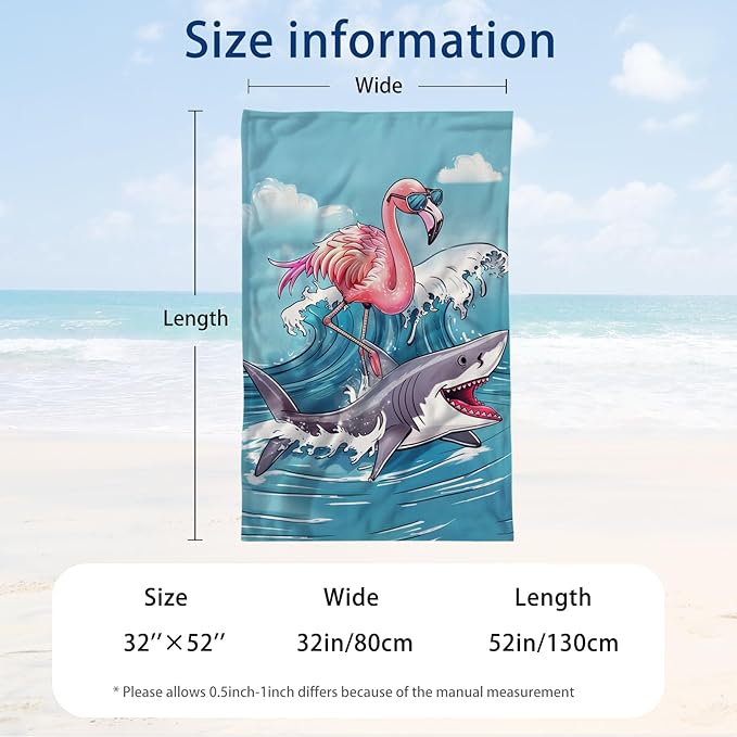 WZOMT Microfiber Flamingo Beach Towel Oversized, Funny Flamingo Riding A Shark Surfing Bath Towels for Kids Adults, Quick Dry Hot Pink Blue Ocean Flamingo Shark Swim Pool Towel 32x52 Inch
