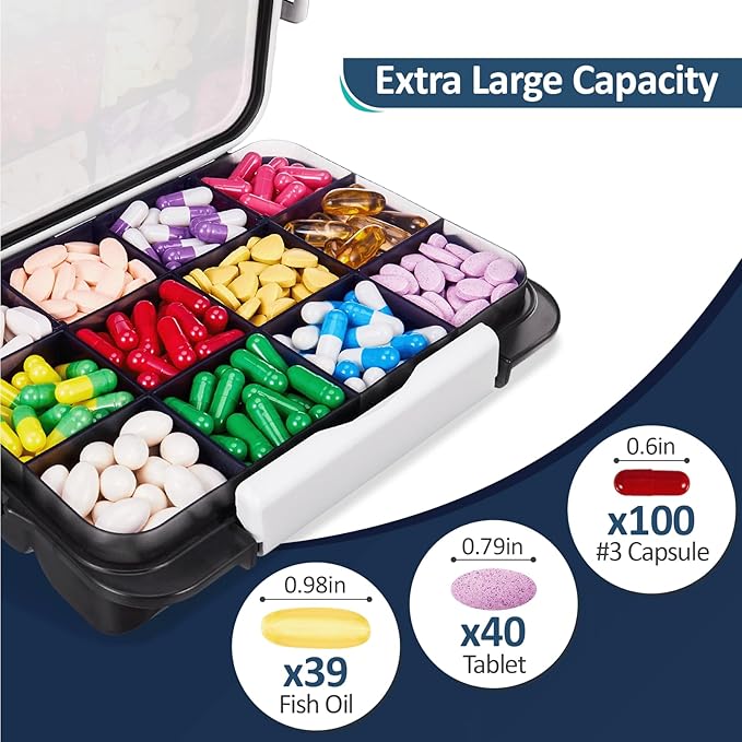 Fullicon Daily Travel Moisture Proof Pill Case with 12 Extra Large Compartment, Pill Organizer with 3 Secured Buckles, Large Supplement Box for Vitamin with Removable Dividers (Black)
