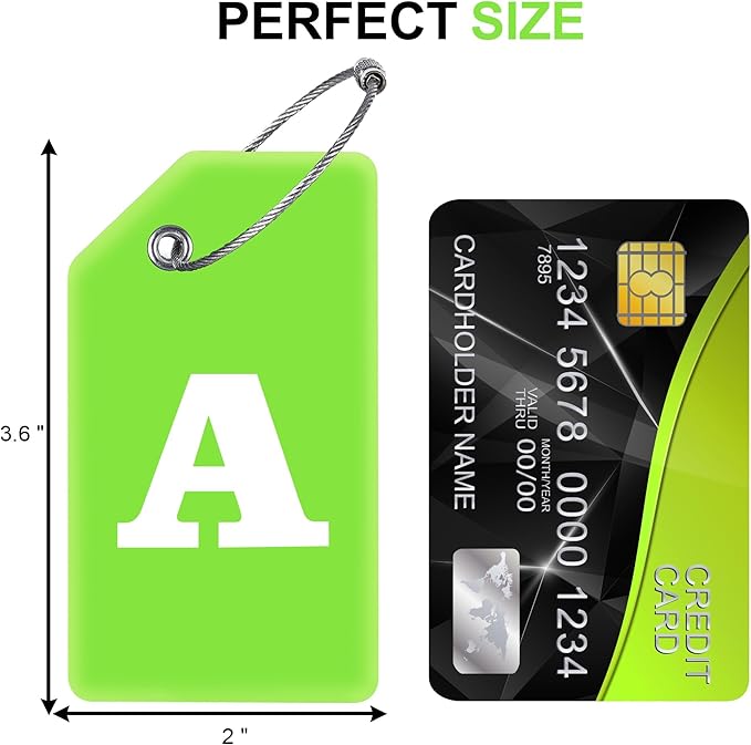 8 Pcs Luggage Tags for Suitcases, 26 Initial Letter Travel Luggage Baggage Identification Labels ID Tags Fully Bendable Tags with Stainless Steel Loop (Letter A, Green)