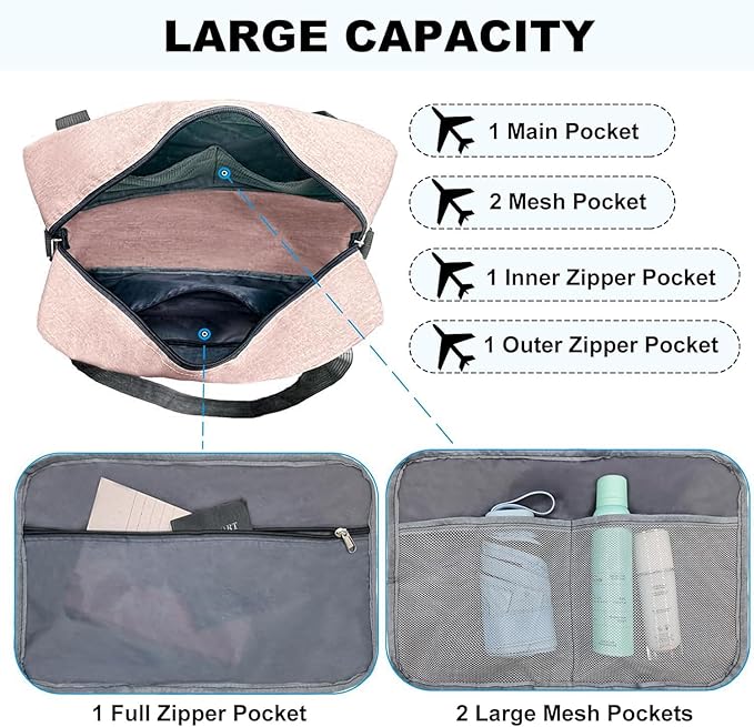 For Spirit Airlines Personal Item Bag 18x14x8 in Underseat Carry-on Luggage foldable Travel Duffle Bag for Airplanes(30L, Pink)