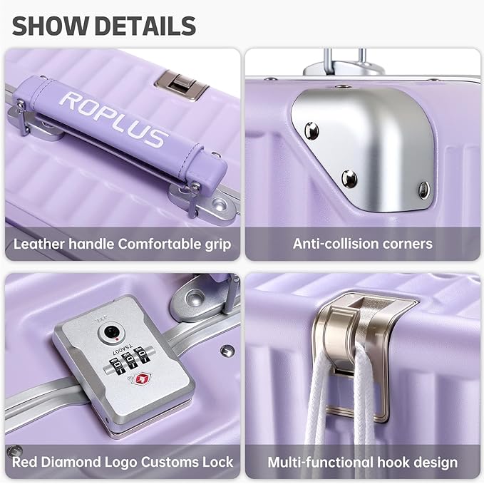 Aluminium Frame Checked-Luggage with Smooth Jelly Wheels, Hardside Zipperless Rolling Suitcase with TSA Lock (Purple, 24-Inch)