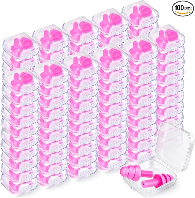 TrelaCo 100 Pairs Ear Plugs Bulk, NRR 29dB Reusable Silicone Ear Plugs with Plastic Cases Soft Foam for Sleeping Noise Cancelling for Concerts Shooting Swimming Noise Reduction(Pink)