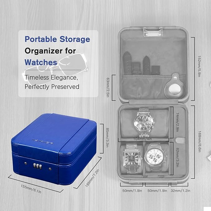KAMIER Watch Case with Combination Lock - 4 Watch Storage and Jewelry Organizer - Watch Travel Case for Ring and Watch Storage, PU Leather Travel Watch Case, Ideal for Gift (With Gift Box),Blue