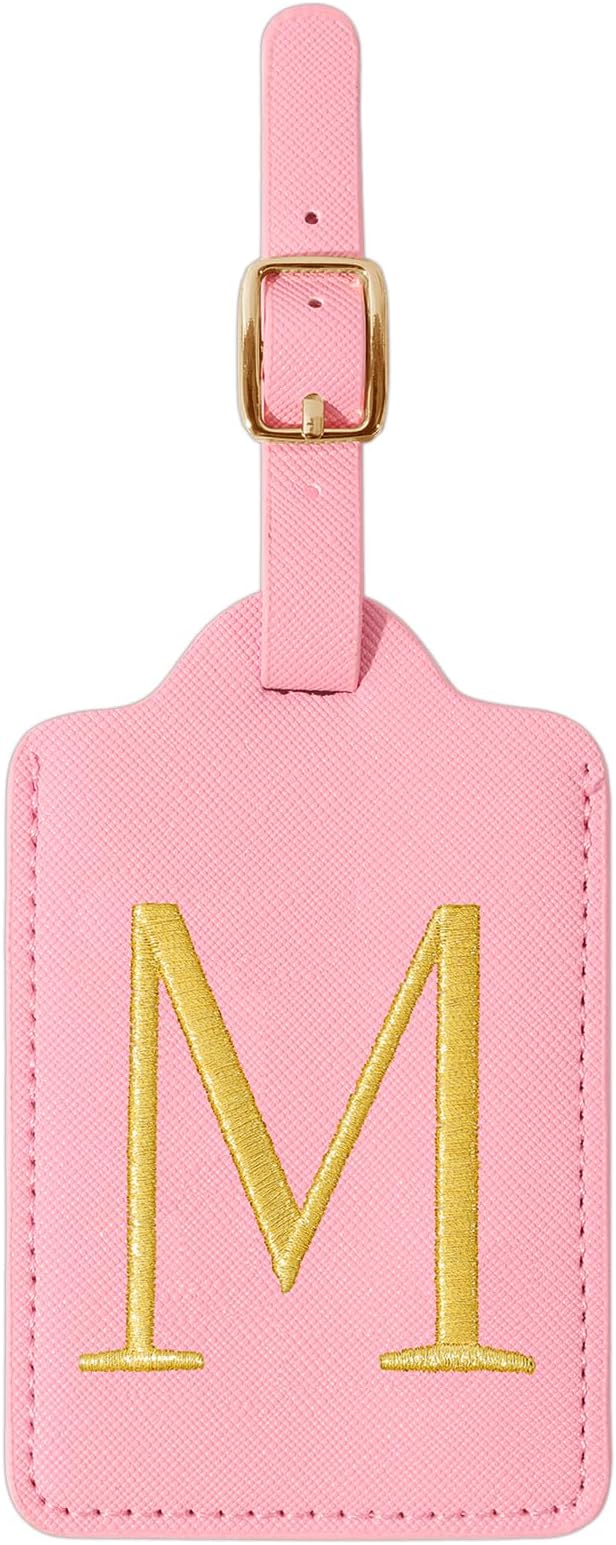Personalized Initial Luggage Tags for Suitcase, Pink Leather Cute Luggage Tags with Privacy Cover Name Card, Embroidered Custom Monogrammed Luggage Tag Travel Bag Baggage Tags Gifts for Women Kids(M)