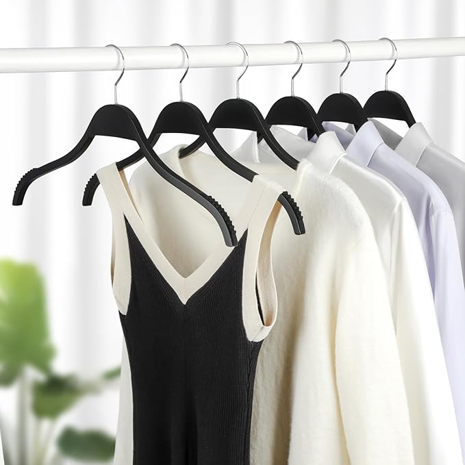 TOPIA HANGER Slim Wooden Hangers with Extra Soft Non-Slip Rubber Grips, 18-Pack High-Grade Fashion Black Hanger No Shoulder Bump for Sweater, Camisole, Jacket, Dress, Coat-CT16B