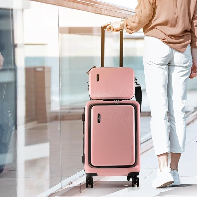 22 Inch Carry On Luggage 22x14x9 Airline Approved, Carry On Suitcase with Wheels, Hard-shell Carry-on Luggage, Durable Luggage Carry-On, Pink Small Suitcase with Cosmetic Case