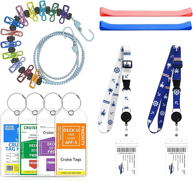 Cruise Ship Essentials, Cruise Luggage Tags, Lanyards for Cruise Ship Cards, Beach Towel Bands, Travel Clothesline, Cruise Essentials 2025 Set Works with All Cruise Lines