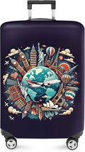 ANNA QUEEN World Landmarks Luggage Cover, Dark Travel-Themed Suitcase Protector with Airplane & Globe Design, Stretchable, Washable Luggage Sleeve for 24-26 Inch Suitcases