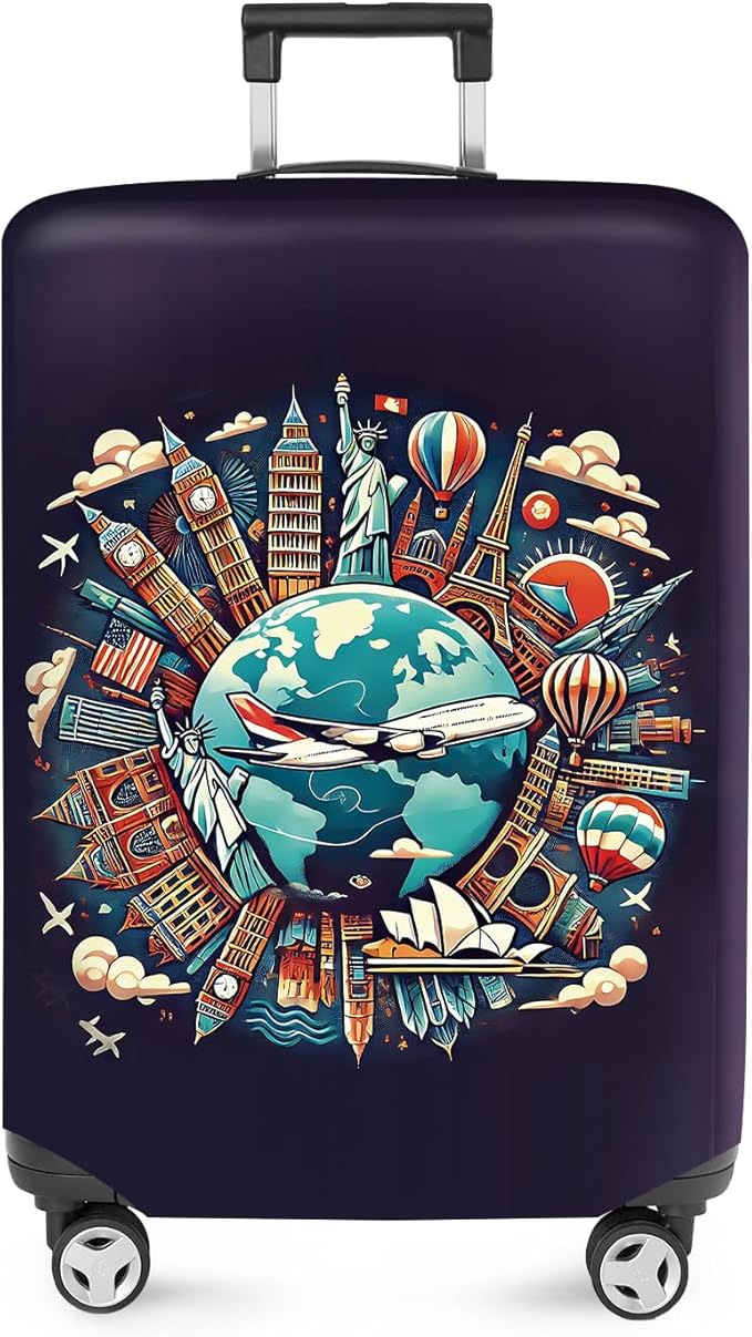 ANNA QUEEN World Landmarks Luggage Cover, Dark Travel-Themed Suitcase Protector with Airplane & Globe Design, Stretchable, Washable Luggage Sleeve for 32-34 Inch Suitcases