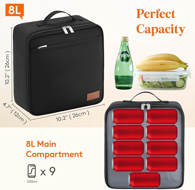 Lifewit Freezable Lunch Box, Insulated Reusable Lunch Bag with 2 Ice Packs, Mini Cooler Snack Bag for Bento Box for Salad, Sandwich, Snacks fo Men Women for Work, Black 8L