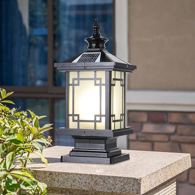 LED Solar Post Light Outdoor, Aluminum Fence Post Cap Lamp Remote Control Dimmable Pillar Lights Solar IP65 Waterproof Column Light, 15.7" X 7.3" Pillar Pedestal Lantern for Garden Yard