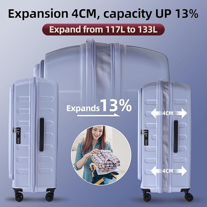 29 Inch Luggage with Expansion & Side Opening Design, 50 * 31(35)*76cm, 117L~133L Ligthweight ABS+PC Hardshell Checked Suitcase, TSA Lock & YKK Zipper with HINOMOTO 360° Wheels, LiLac Purple