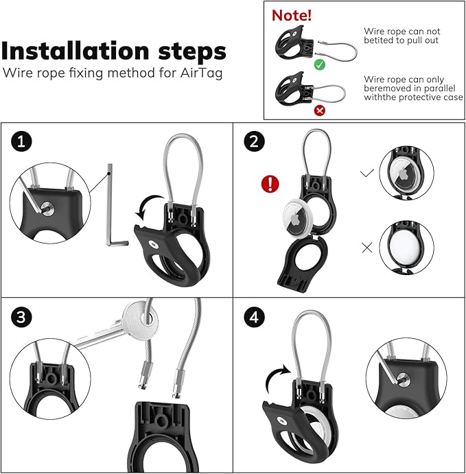 AirTag Keychain Holder - Air tag Lock Case with Wire Cable Compatible with Apple AirTags, Ultra Durable Anti-Lost Protective Case with Keyring for Luggage, Key, Backpack, Pet, Black (4 Pack)