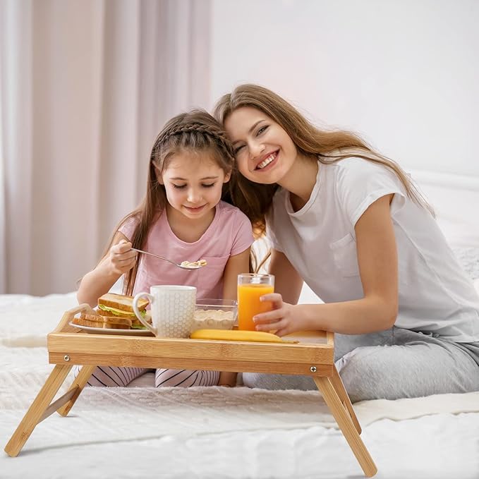 Ruisita 2 Pack Bamboo Bed Tray Table with Folding Legs Breakfast in Bed Tray Snack Food Tray Serving Platters Tray with Handles for Adults Kids Eating Kitchen Bedroom (15.8 x 11 x 6.9 Inch, Natural)