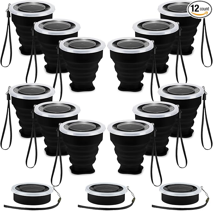 12 Pcs Silicone Collapsible Cup 7.04 oz Folding Camping Travel Collapsible Coffee Cup Portable Reusable Expandable Drinking with Lids for Outdoor Hiking