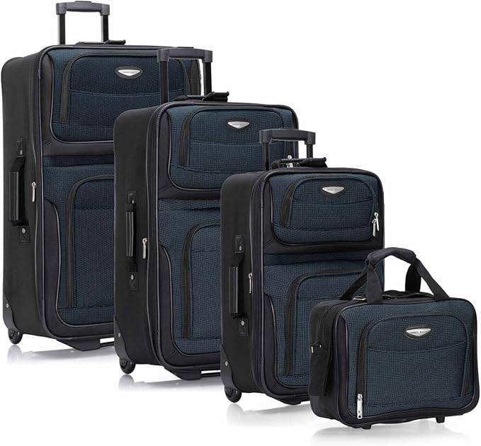 Travel Select Amsterdam 4-Piece Softside Expandable Rolling Luggage Set, Lightweight 2-Wheel Suitcases, Packing Cubes & Travel Tote, Durable Polyester Construction, Navy