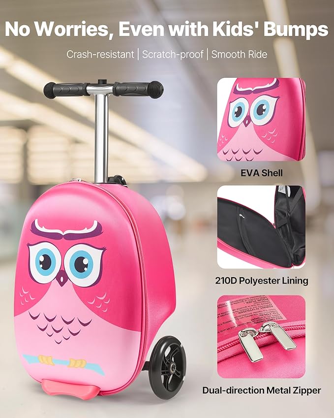 VEVOR Ride-on Luggage, 20 L Capacity, 20 Inches Kids Scooter Suitcase with Flash PU Wheels, Adjustable Handle & TPR Non-Slip Grip, Foldable & Lightweight Scooter Luggage for Kids Aged 5+, Pink