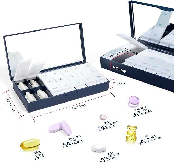 PORT X POLISH Designer Weekly Pill Box Organizer (AM/PM 2X Daily, Lilac) | Compact, Stylish 7-Day Vitamin Supplement Case | Cute Portable Mini Travel Medicine Carrier | BPA-Free Pillbox Caddy