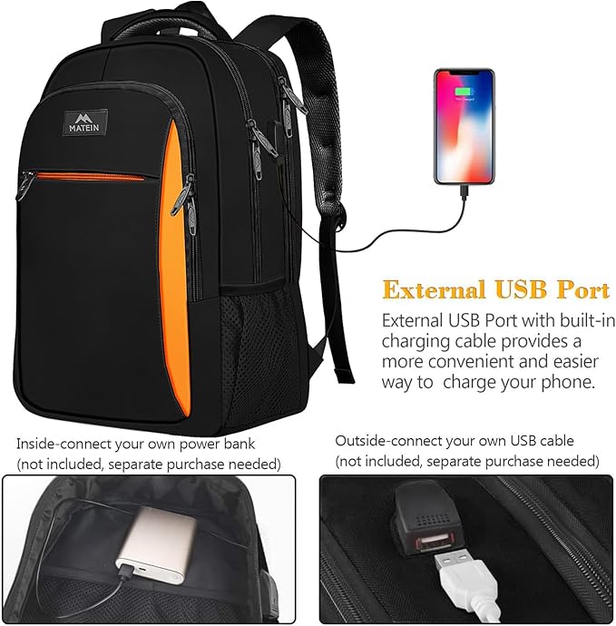 MATEIN Travel Laptop Backpack, Slim Sturdy College Laptops Backpack with USB Charging Port, Business Anti Theft Water Resistant Computer Bag Gift for Men & Women Fits 15.6 Inch Notebook