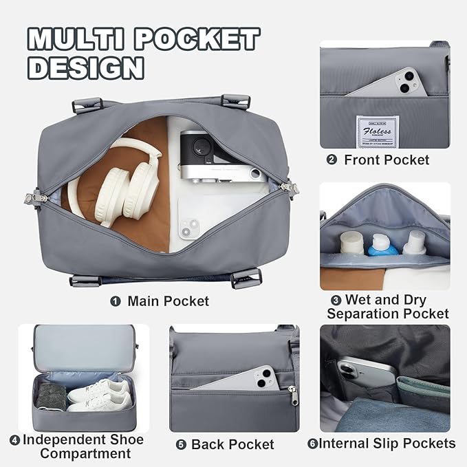 Travel Duffel Bag, Sports Tote Gym Bag, Shoulder Weekender Overnight Bag for Women