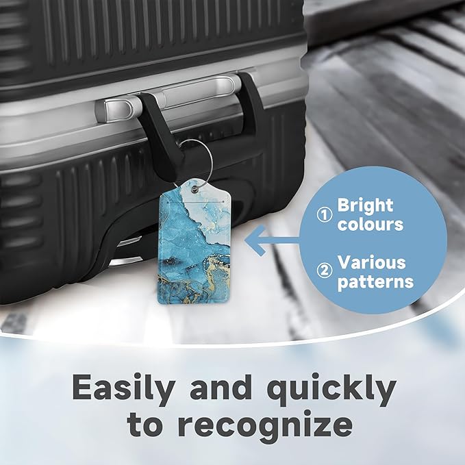 Set of 2 Luggage Tags for Suitcases, Leather Blue Fluid Marble Baggage Tags with Stainless Steel Loop, Privacy Name ID Card Cover Kawaii Travel Labels for Women Men Kids Girls