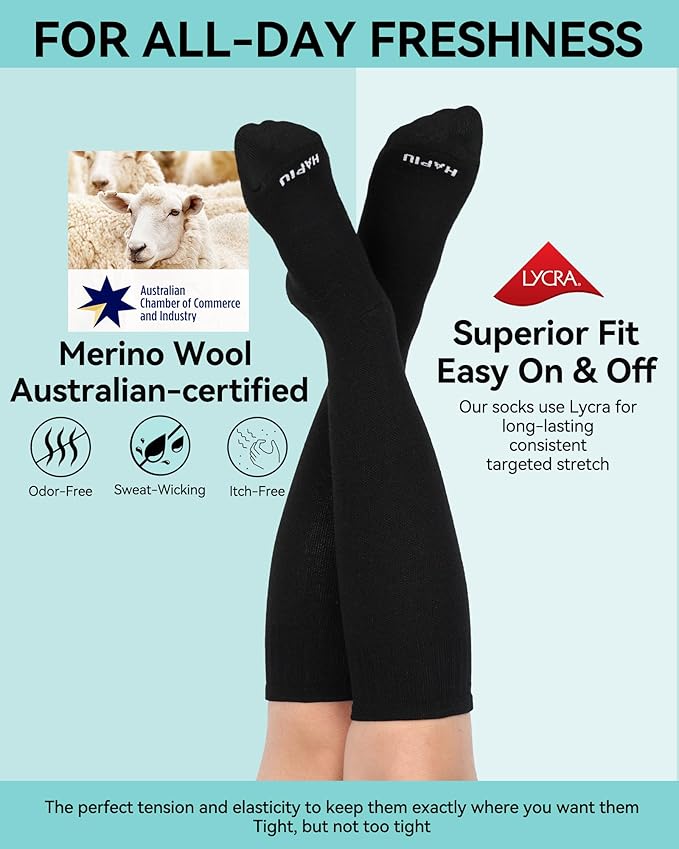 HAPIU Merino Wool Soft Compression Socks for Women & Men, 15-20 mmHg, Plus Size Knee High Stocking for Nurses, Pregnancy, Travel, Flight, Medias de Compresión Mujer