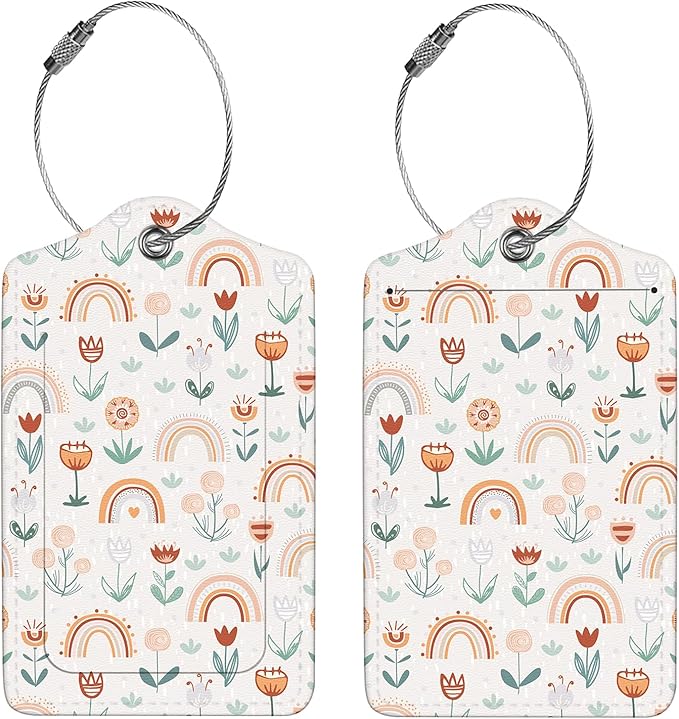 2 Pcs Luggage Tags for Suitcase, Cute Unique PU Leather Travel Bag Tag with Privacy Cover ID Label Address Card and Durable Metal Ring Suitable for Men Women Children Backpack,Rainbow and Flowers