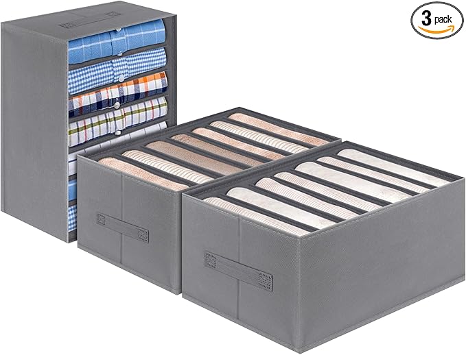 Jeans Organizer for Closet, Foldable Wardrobe Clothes Organizer with Handle, Stackable Closet Clothes Drawer Organizer Tshirts with 7 Grids for Leggings, Sweater, Jean, Pants, Grey (3 PCAK)