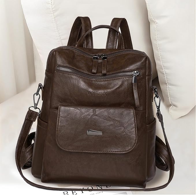 PU Leather Backpack Purse for Women Fashion Multipurpose Design Handbag Ladies Shoulder Bags Travel Backpack Coffee