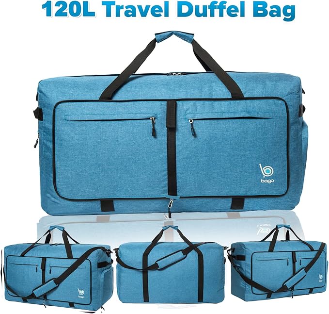 Bago Large Foldable Duffel Bags for Traveling Women & Men - 100L Packable Duffle Bag for Travel with Shoe Compartment - Water Repellant, Heavy Duty, Lightweight Folding & Collapsible (SnowBlue)