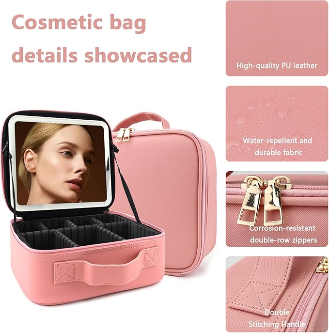 Travel Makeup Bag for Makeup Artists Large Makeup Case,with Mirror 3 Color Setting and Jewelry box Travel Makeup Bag,Portable Storage and Adjustable Dividers（pink）
