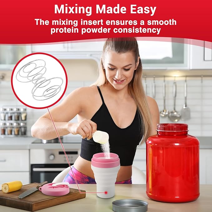 Protein Shaker Bottle Pink Collapsible - Food-Grade, Leakproof Lid 600mL 20oz Pink Shaker - Reusable Silicone Shaker Cups for Protein Shakes