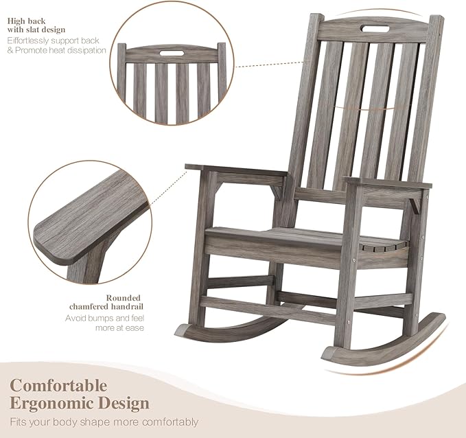 Psilvam Outdoor Rocking Chair, Poly Lumber Oversized Rocking Chair with 21" Wide Seat and 32" Tall Backrest, Pre-Assembled with Most Components for Effortless Installation(Light Gray)