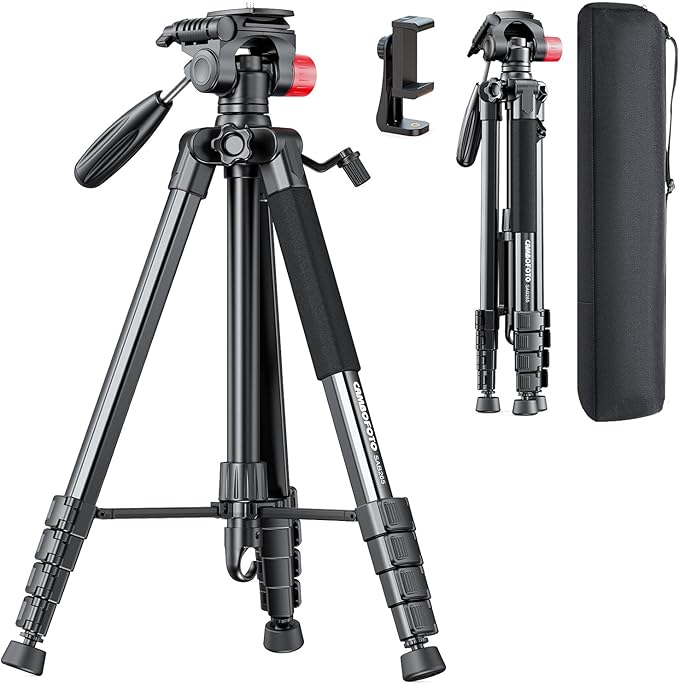 74"-Camera-Tripod, Porfessional Aluminum Heavy Duty Tripod Stand for Mirrorless Camera/DSLR/Cell Phone/Camcorder, with Holder and Travel Bag