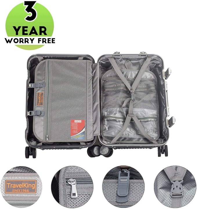TRAVELKING All Aluminum Carry On Luggage with TSA Locks Fashion Cool Metal Hard Shell Spinner Suitcase (Silver, 20 Inch)…