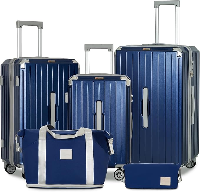 Romswi Suitcase Set with TSA Lock Cup Holder, Hardside Spinner Suitcase with Duffel Bag, Lightweight Durable PC+ABS Navy 5 PCS(20/24/28inch)