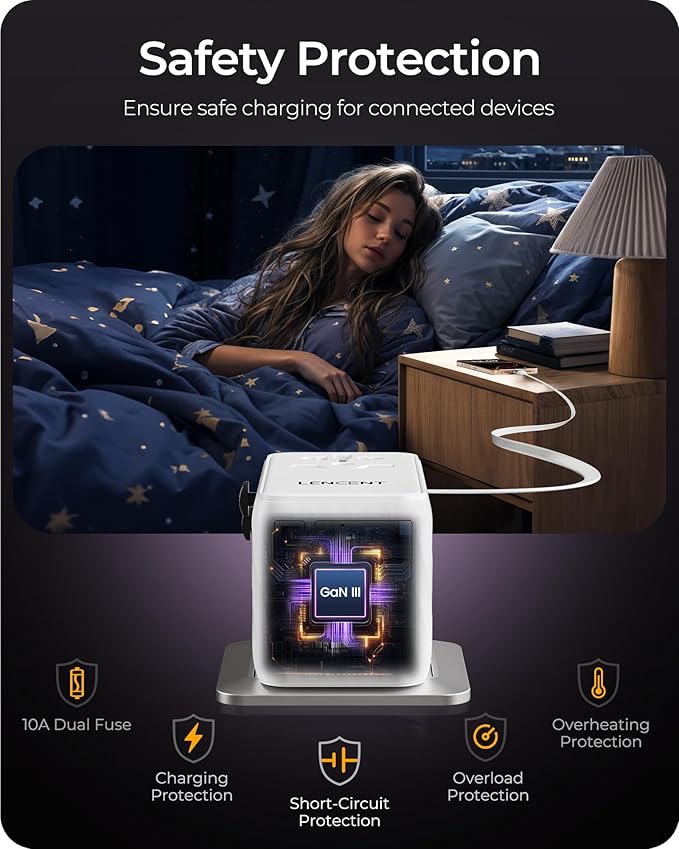 LENCENT 85W Universal Travel Adapter with Retractable USB C Cable, GaN International Plug Adapter with 3 Type C &1 USB A Ports Fast Charging, Worldwide Outlet Converter for US to European EU UK AUS