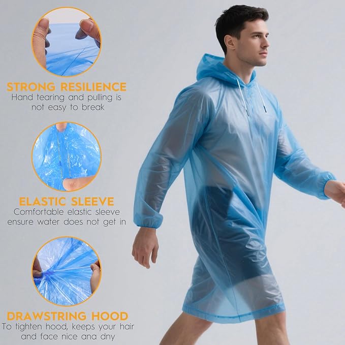 Bruvoalon 6 & 20 Pack Disposable Rain Ponchos for Adults/Youth, Waterproof PE Raincoats with Drawstring, Camping/Emergency