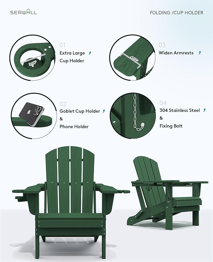 SERWALL Adirondack Chair with Cup Holders - Composite Adirondack Chairs Set of 8 HDPE Outdoor Chairs All Weather Use- Green