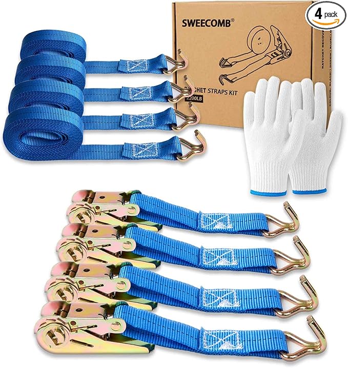 Ratchet Straps (4-Pack), 1 Inch x 16.4 Feet (2200lb Break Strength) with Sturdy Metal Hooks, 1x Work Gloves, Heavy Duty Tie Down Straps for Truck, Cargo Trailer, Motorcycle, Luggage, Moving (Blue)