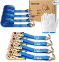 Ratchet Straps (4-Pack), 1 Inch x 16.4 Feet (2200lb Break Strength) with Sturdy Metal Hooks, 1x Work Gloves, Heavy Duty Tie Down Straps for Truck, Cargo Trailer, Motorcycle, Luggage, Moving (Blue)