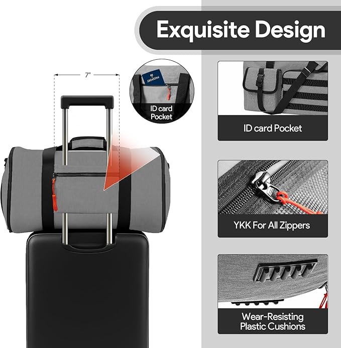 Garment Duffle Bags for Travel, HOMQUIET Convertible Garment Duffel Bag, All YKK Zippers Carry On Garment Bags, 2 in 1 Hanging Waterproof Suit Travel Bag with Shoe Compartment, for Men Women, Grey